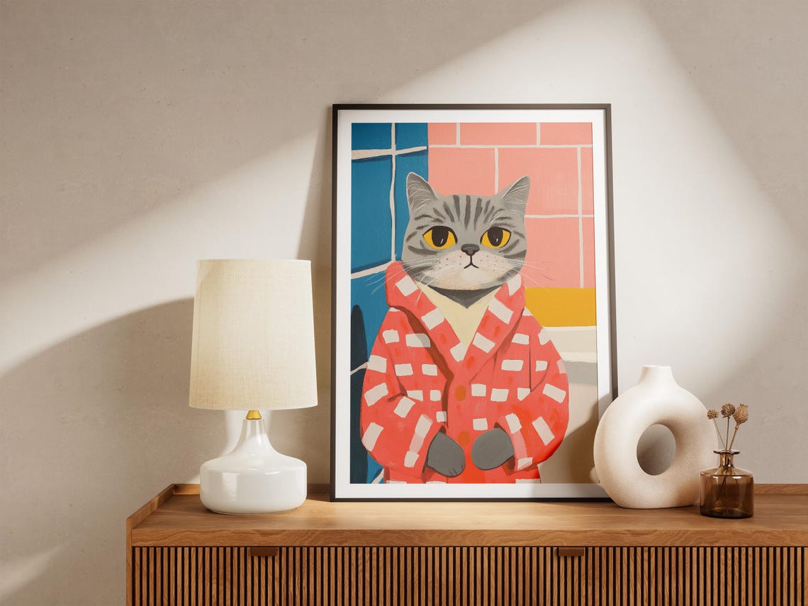 Scottish Fold Cat Art Print Bathrobe Poster Funny Bathroom Wall Quirky Animal Modern Lover Gift Unique Home Decor - Image 4