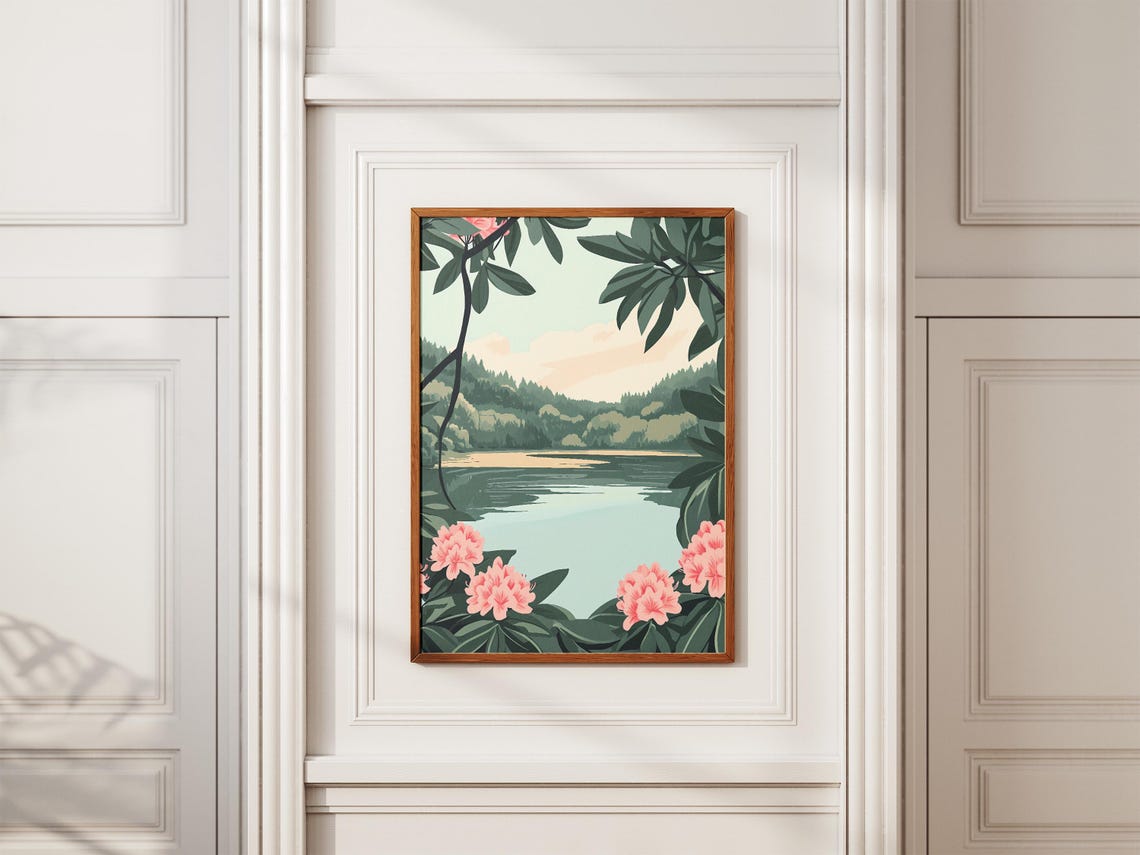 Lake House Print Rhododendron Lake Poster Floral Lake Art Nature Wall Art Botanical Print Calm Lake Poster Pink Flower Print Lake Landscape - Image 2