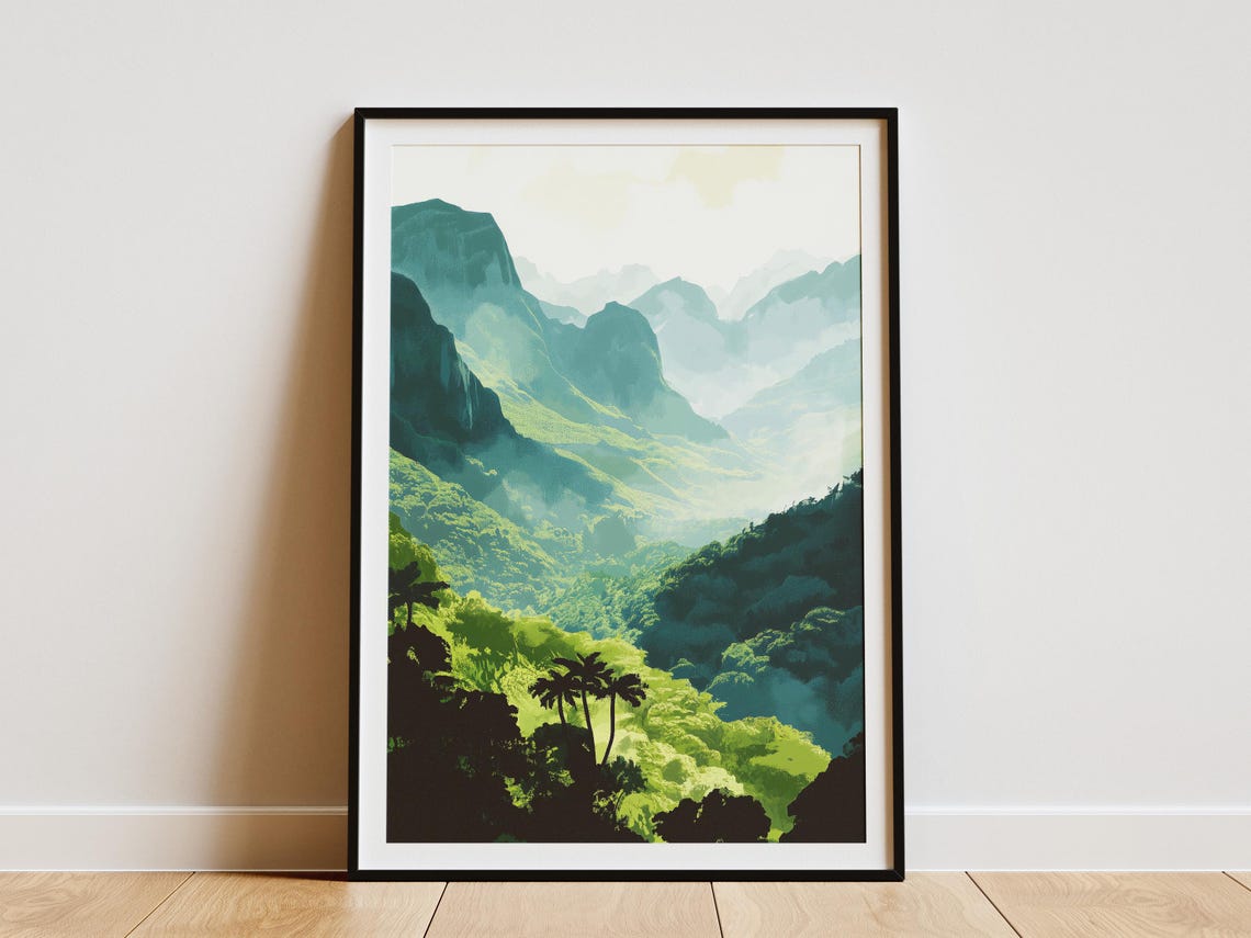 Lush Green Mountain Valley With Mist And Palm Trees Scenic Poster