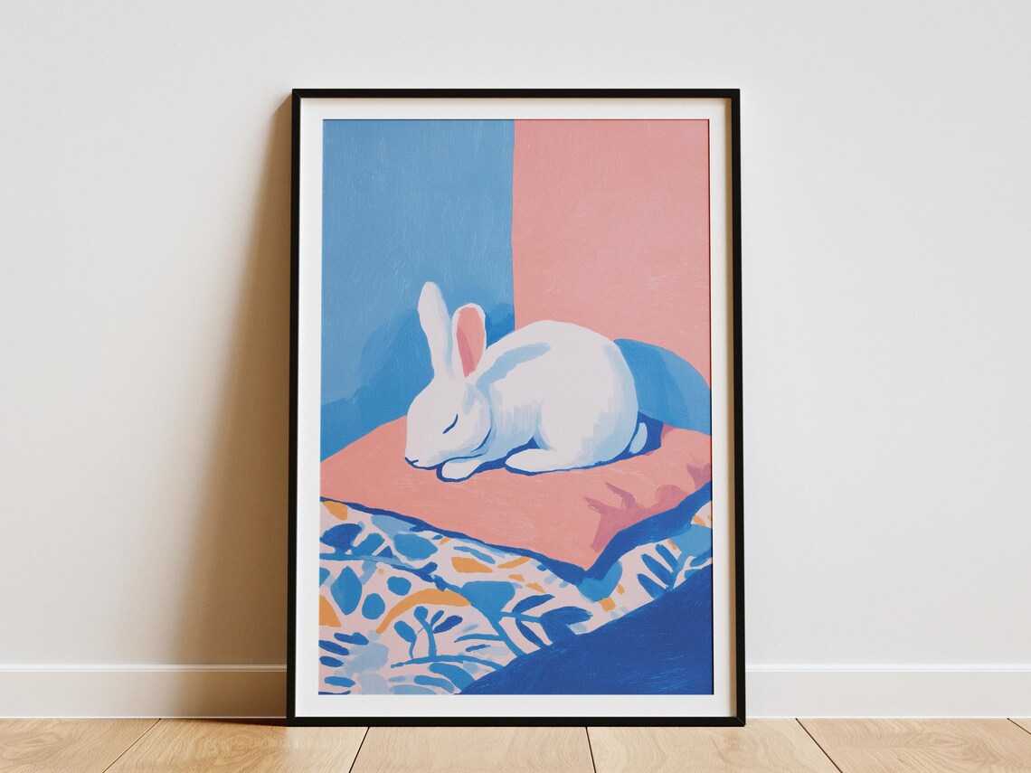 Sleeping White Rabbit on Pillow Matisse Style Gouache Nursery Art Poster