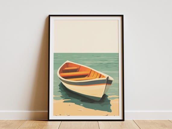 Rowboat On Shore Summer Vacation Nautical Beach Art Print Calm Coastal Minimalist Boat Poster Ocean Water Seascape Artwork