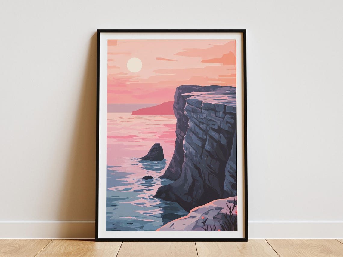 Pink Sunset Coastal Cliff Over Calm Sea Romantic Scene Poster