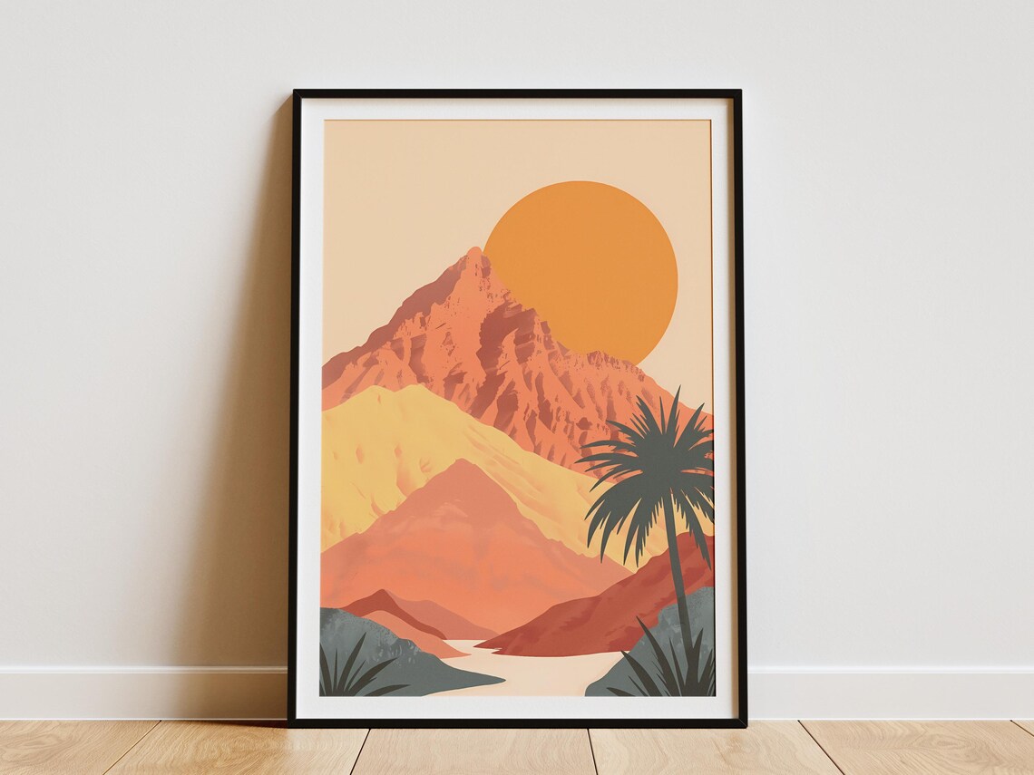 Hajar Mountains Oman Desert Sunset Palm Minimalist Travel Poster