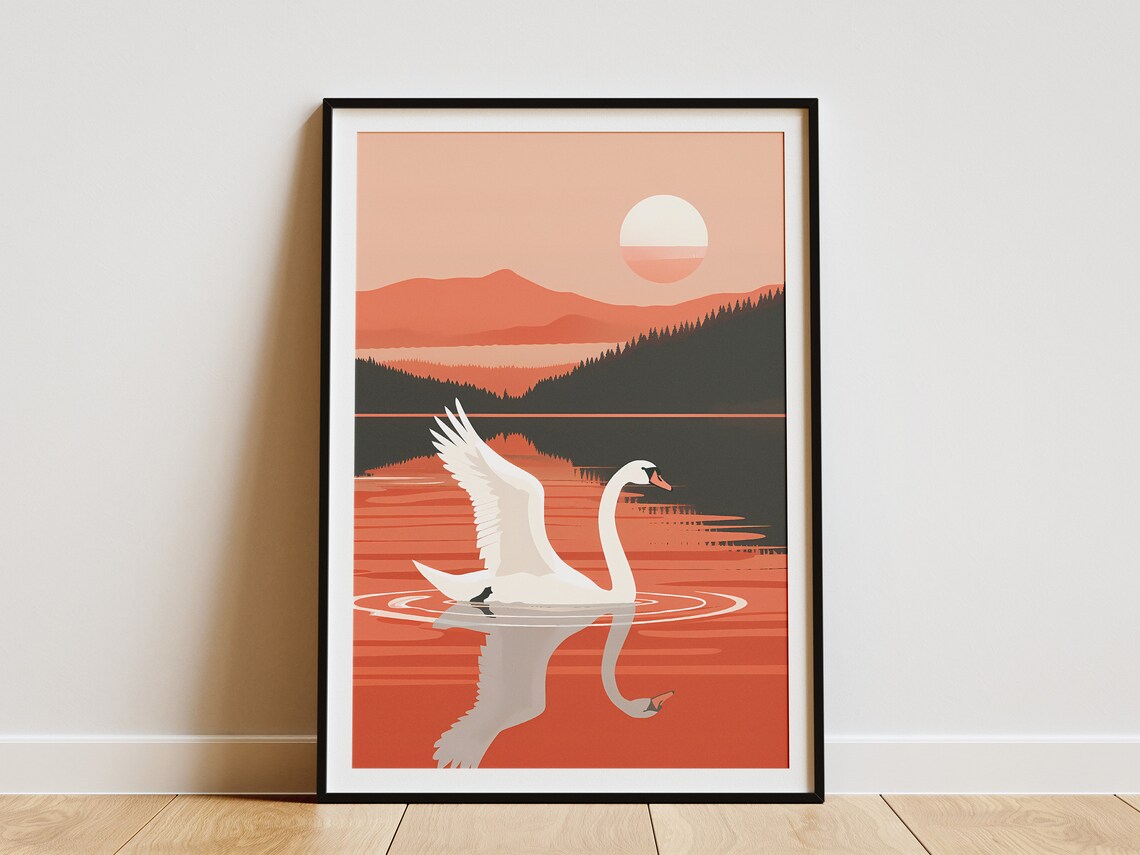 White Swan Sunset Lake Coral Glow Mid Century Wildlife Poster