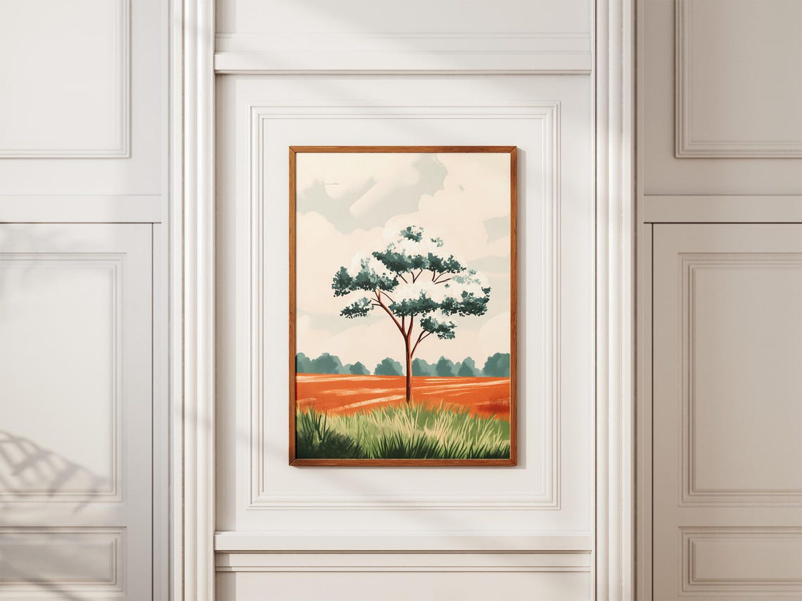 Lone Tree Standing In Orange Field Minimalist Landscape Poster - Image 2
