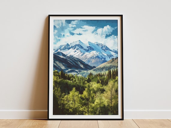 Snowy Mountain Peak Green Valley Blue Sky Alpine Landscape Print