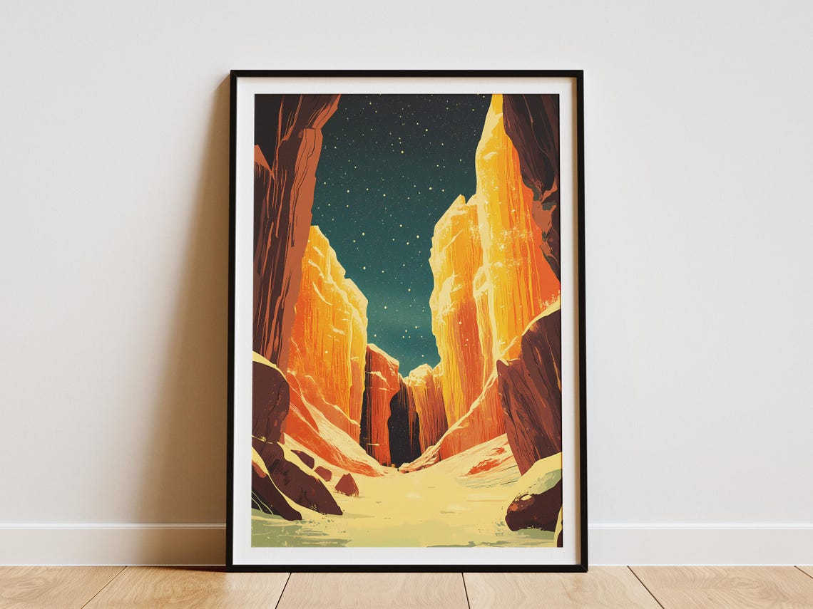 Glowing Golden Sandstone Slot Canyon Under a Starry Night Poster