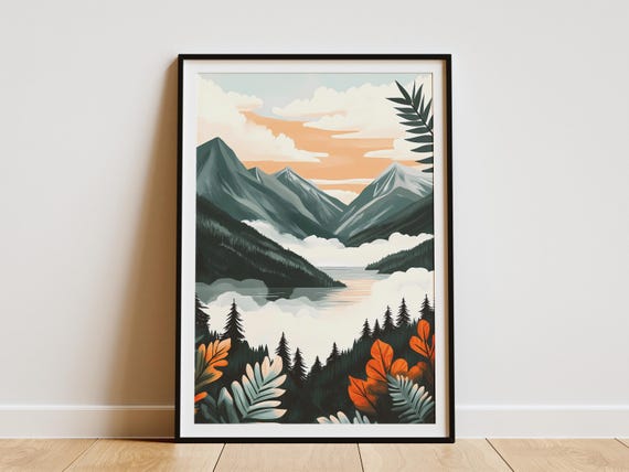 Mountain Range Foggy Lake Landscape Poster Modern Minimalist Nature Art Print Wall Decor For Home Office Calm Nature Scene