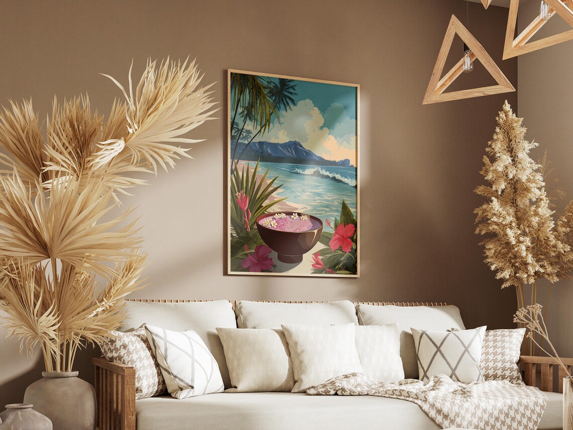 Hawaiian Poi Bowl With Beach Diamond Head Vintage Travel Poster - Image 3