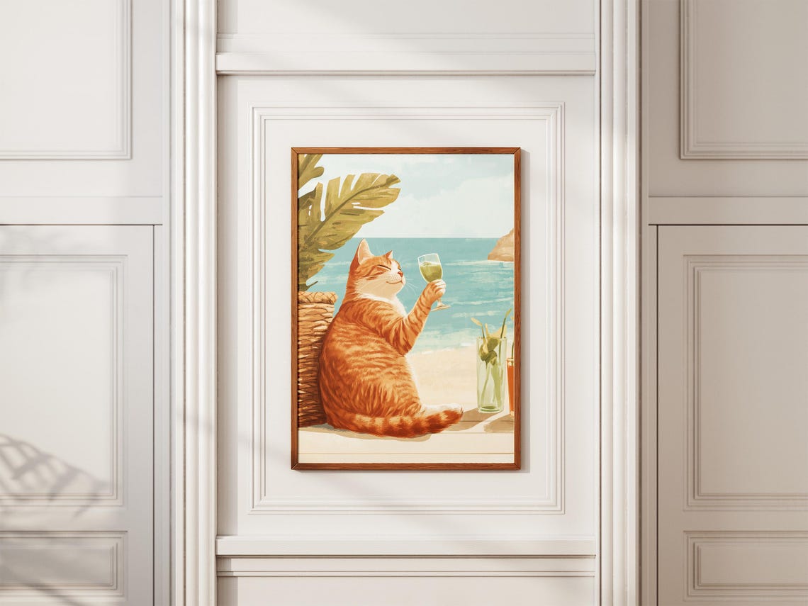 Orange Tabby Cat Sipping White Wine at a Sunny Beach Vacation Poster - Image 2