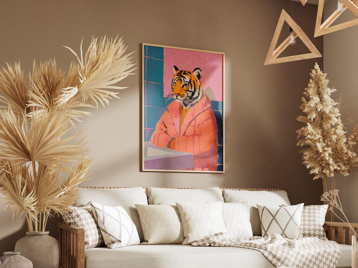 Tiger in Coral Bathrobe at Sink Pastel Pink Teal Bathroom Poster - Image 3