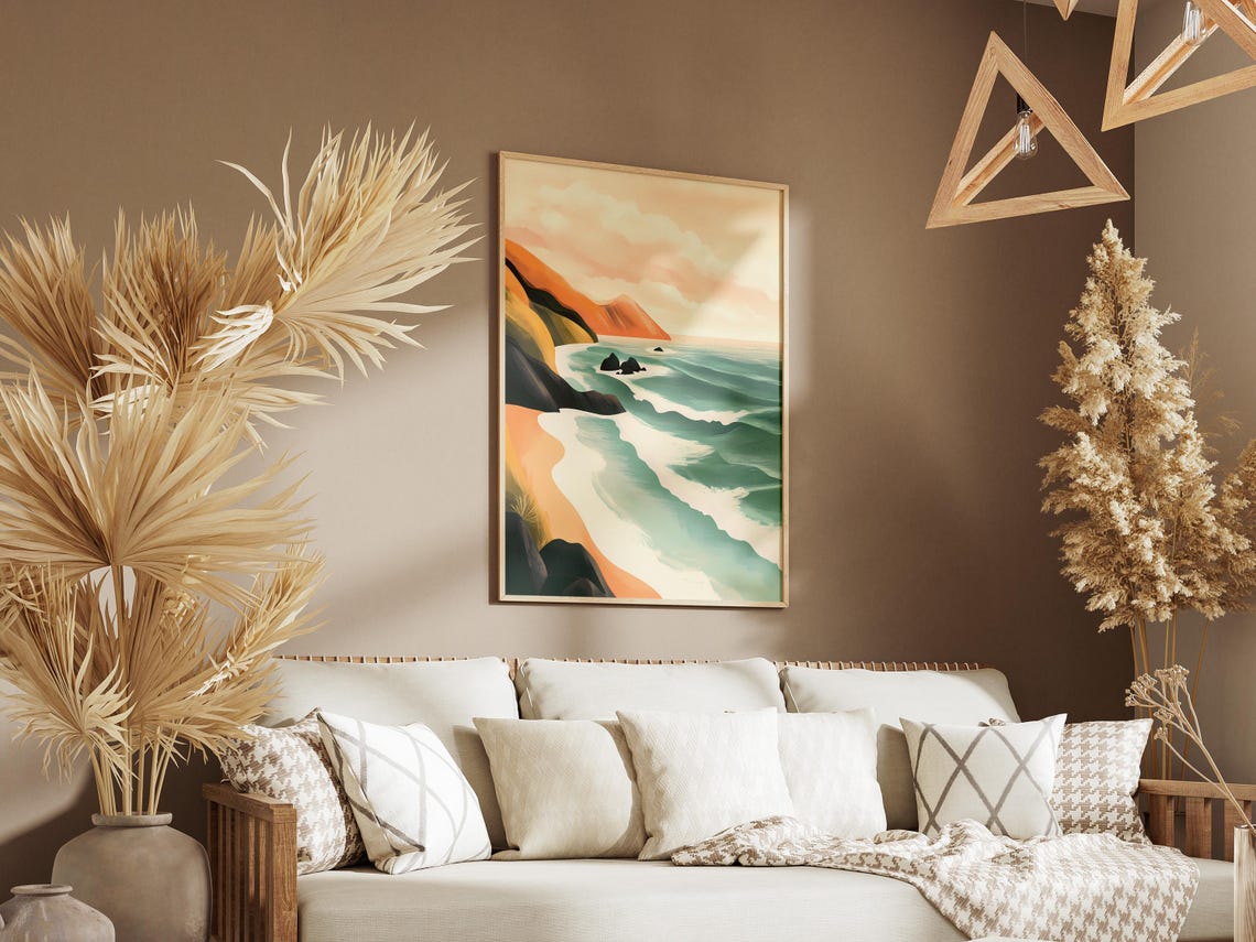 Teal Coastal Waves Rolling Onto a Sandy Beach Beneath Cliffs Poster - Image 3
