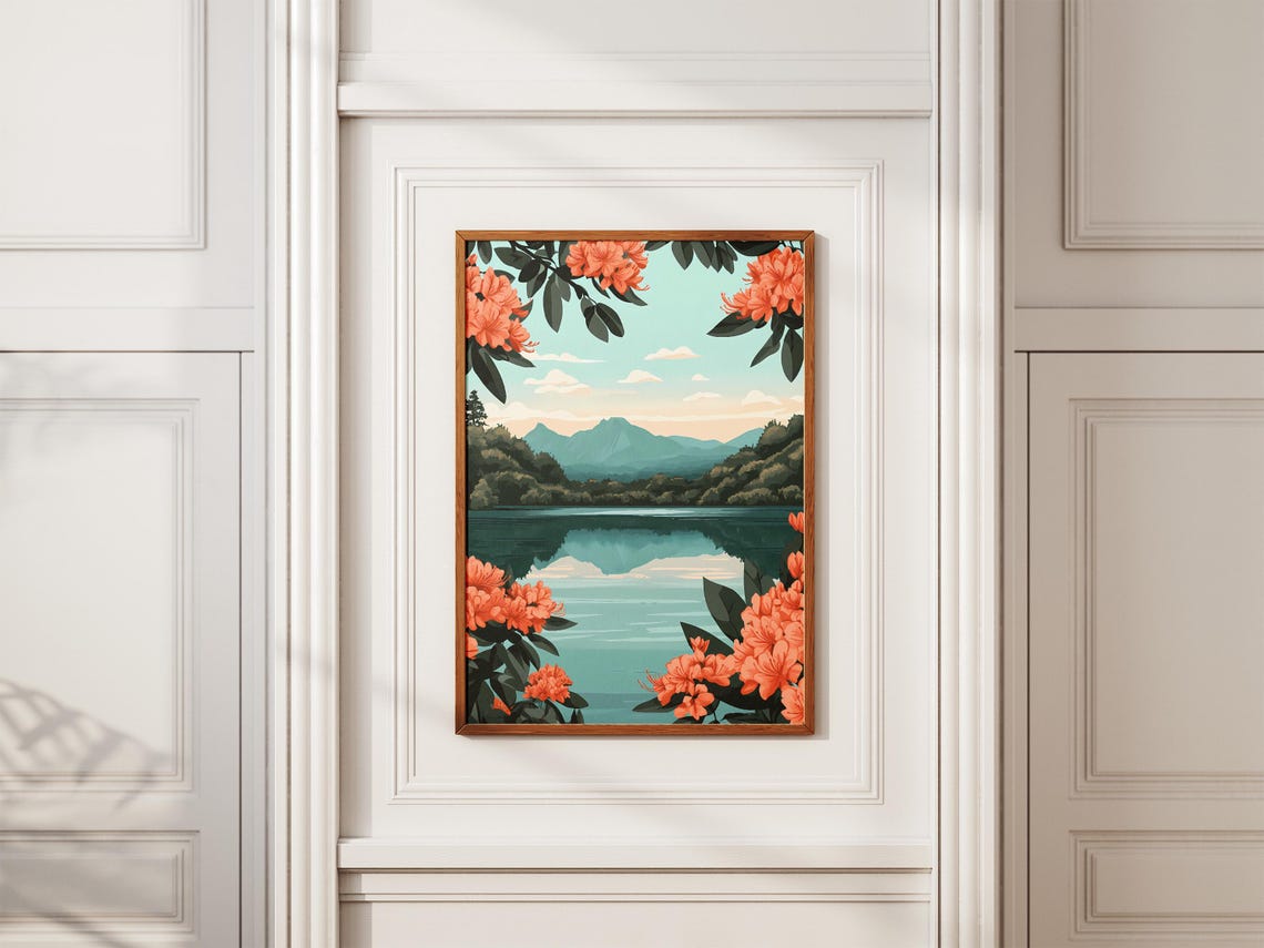 Rhododendron Framed Mountain Lake Coral Blooms Forest View Poster - Image 2