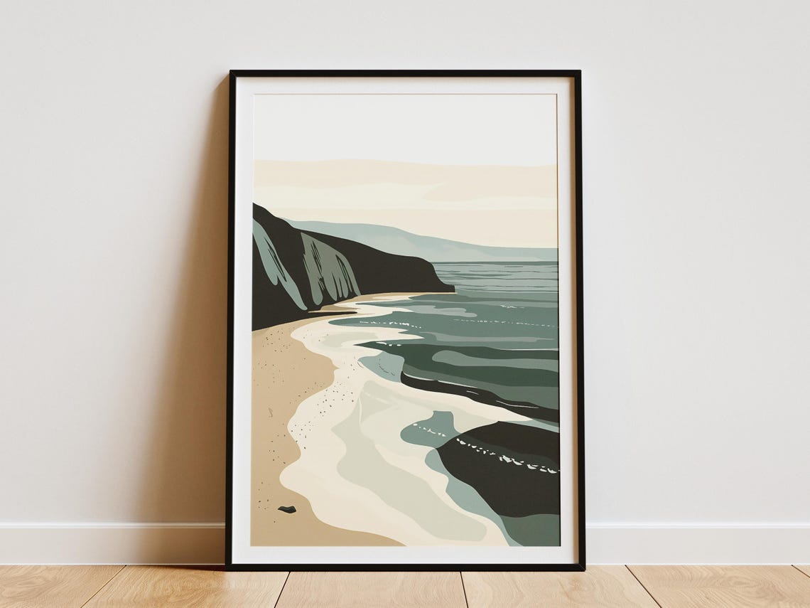 Abstract Beige Teal Coastal Waves Minimalist Beach Art Poster