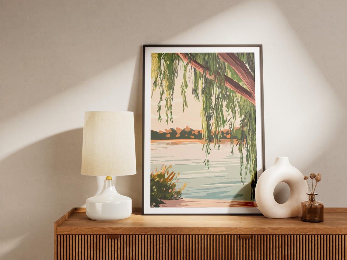 Willow Branches Over Golden Lake At Dusk Peaceful Landscape Poster - Image 5