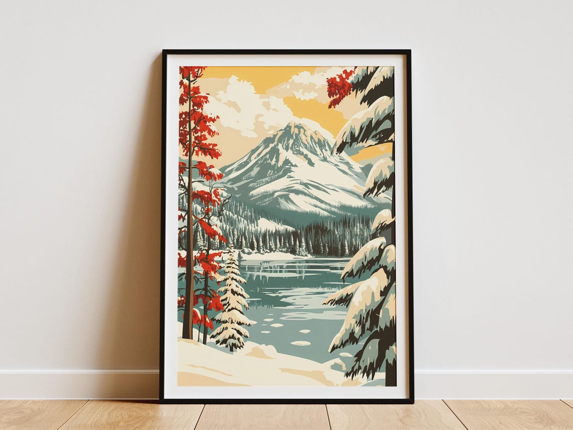 Lassen Volcanic National Park Winter Poster Vintage California National Park Art Print Retro Travel Poster Winter Landscape Print Snow