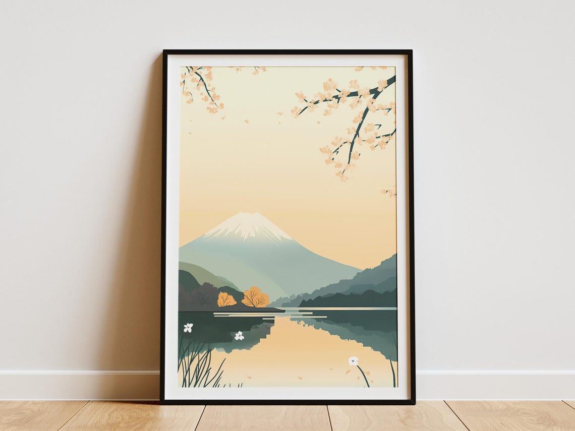Mount Fuji With Cherry Blossoms And Lake Reflection Travel Poster