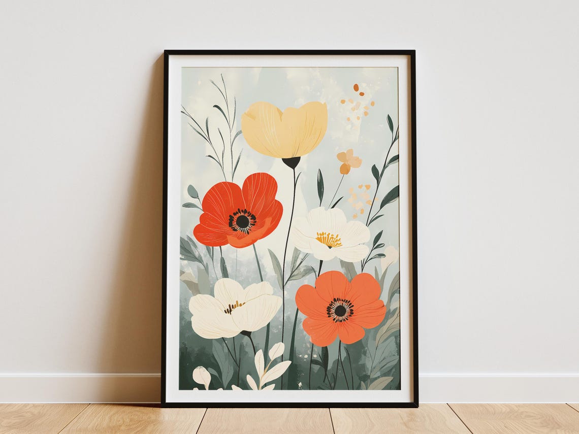 Red White Orange Anemone Wildflowers in Soft Watercolor Art Poster