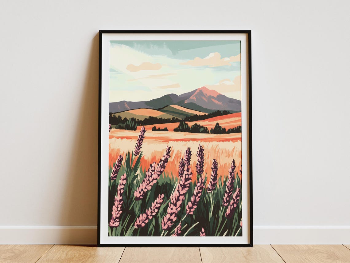 Lavender Field Golden Wheat Hills Mountain Landscape Scenic Poster