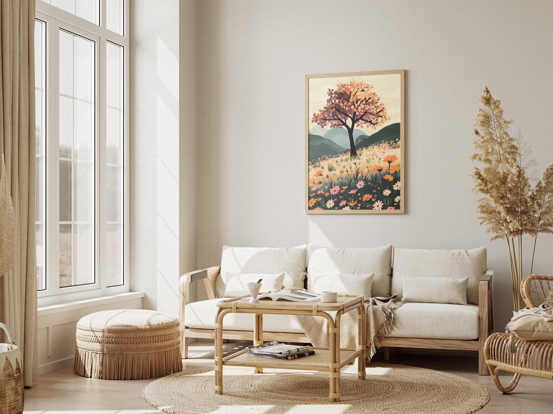Lone Autumn Tree in an Orange Wildflower Meadow Hills Art Poster - Image 4