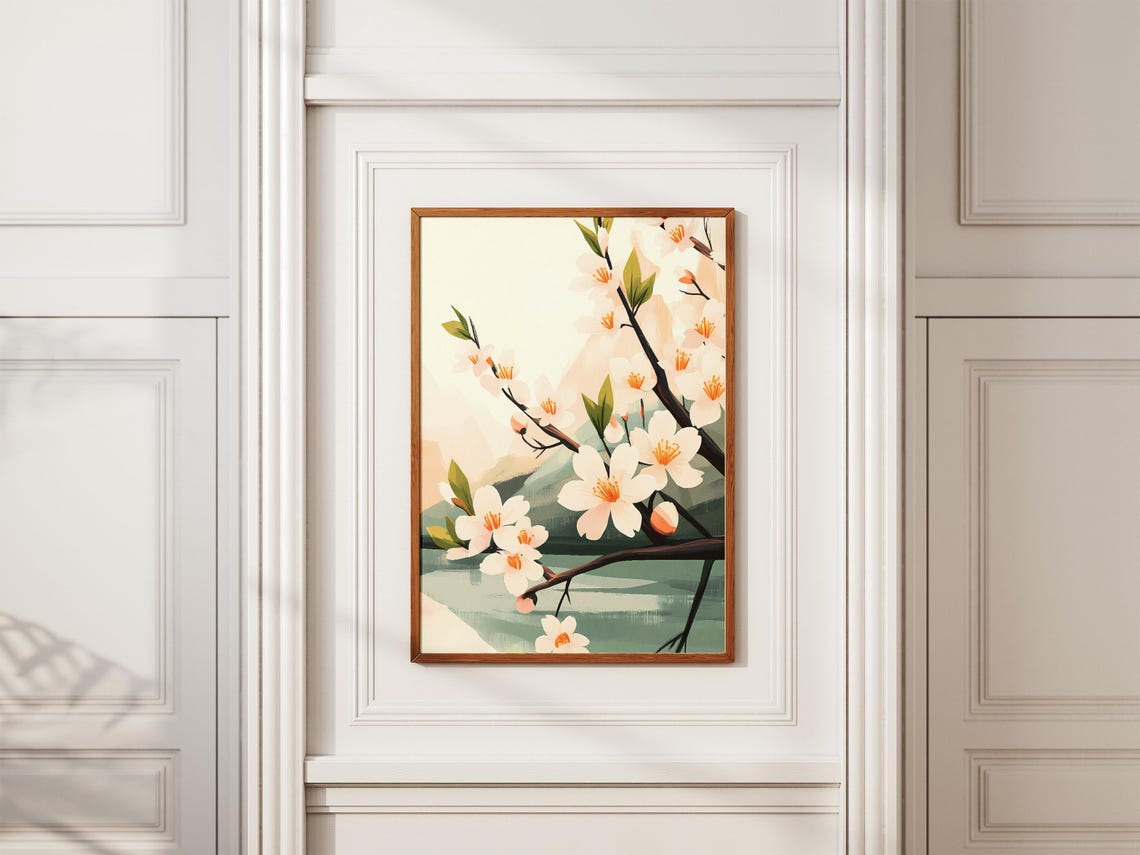 White Cherry Blossom Branch Green Leaves Soft Hills Spring Art Poster - Image 2