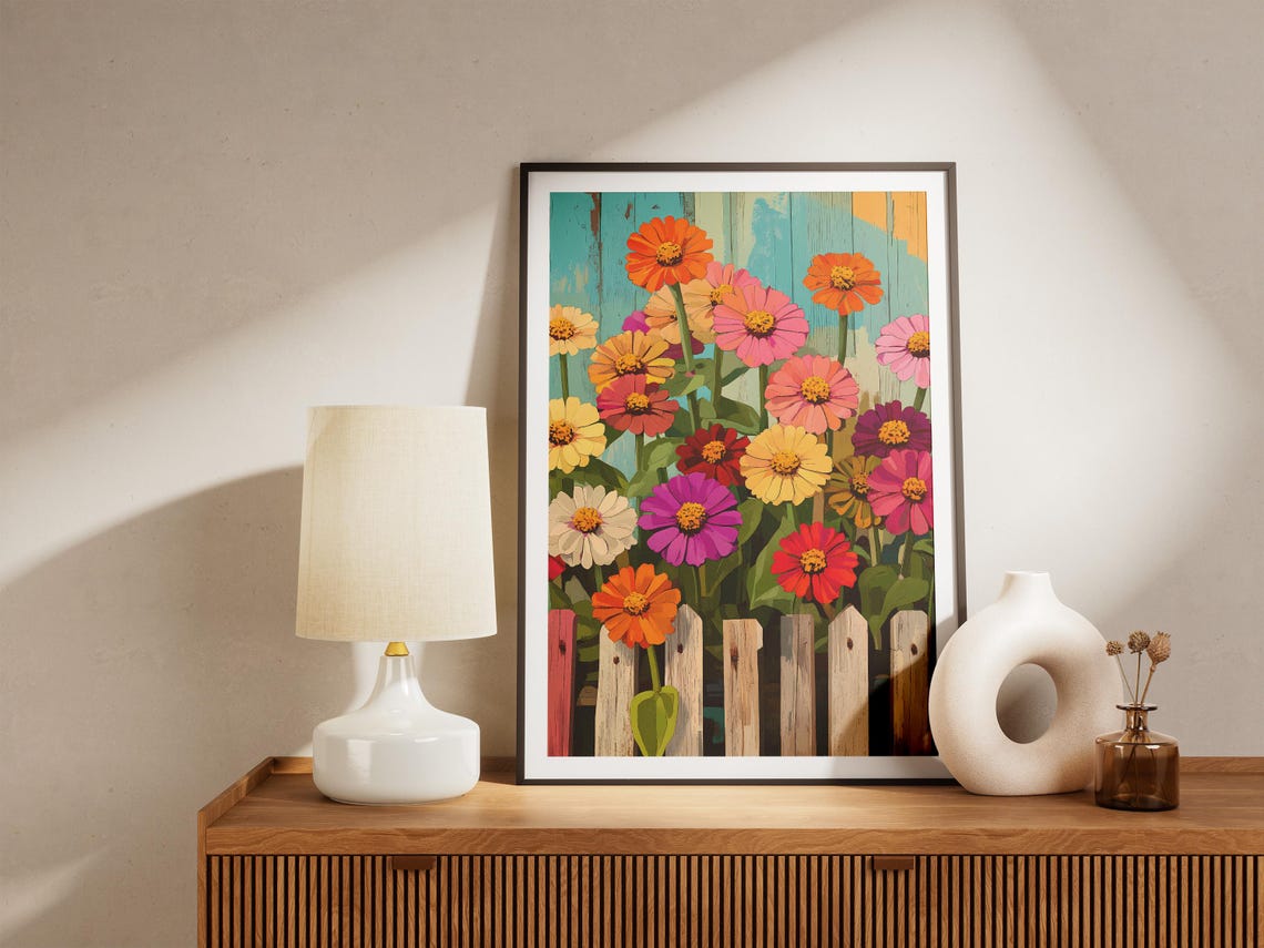 Rainbow Zinnias Over Rustic Picket Fence Cheerful Cottage Poster - Image 5