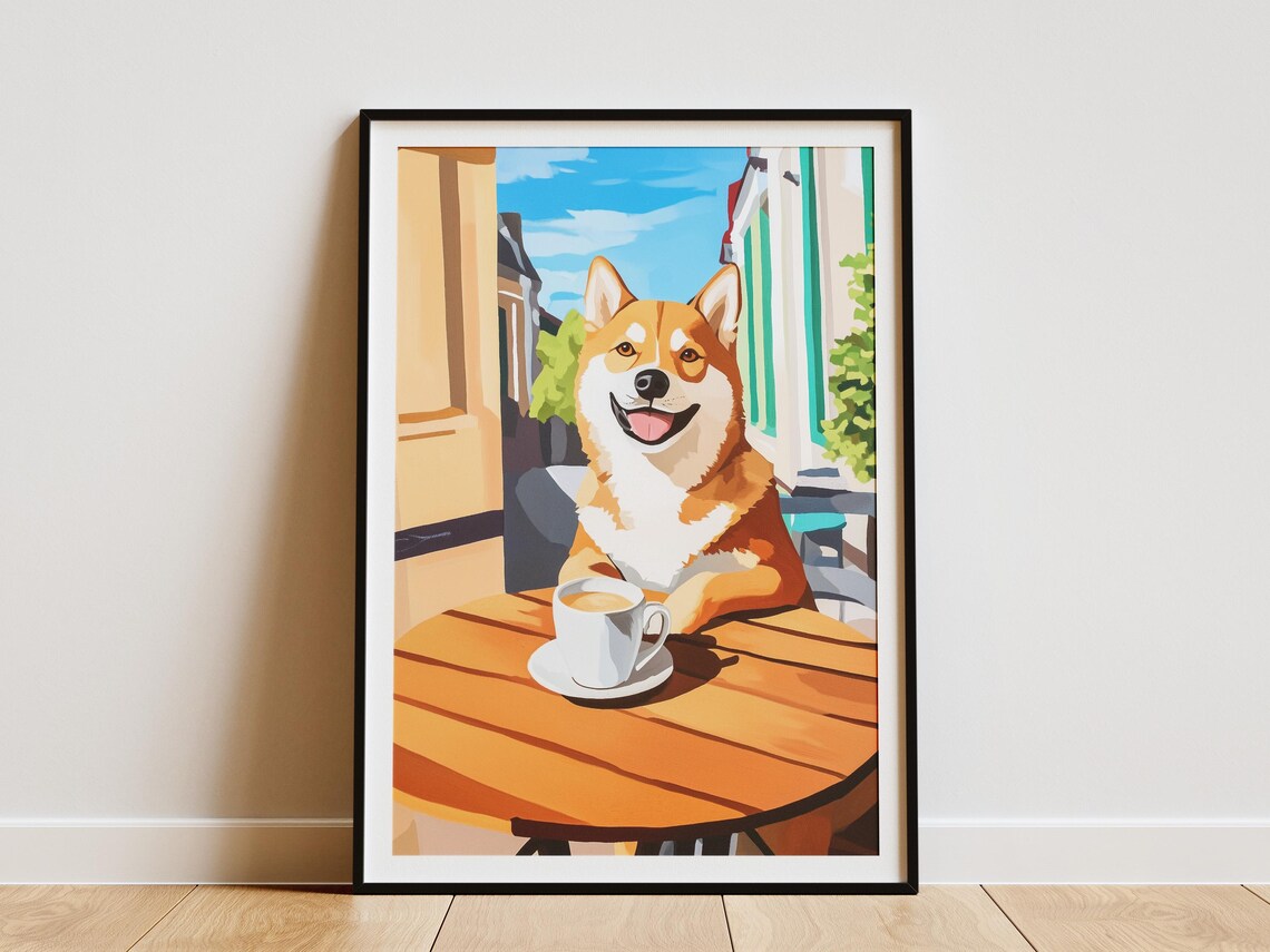 Happy Shiba Inu Dog Grinning With Coffee Sunny Cafe Art Poster