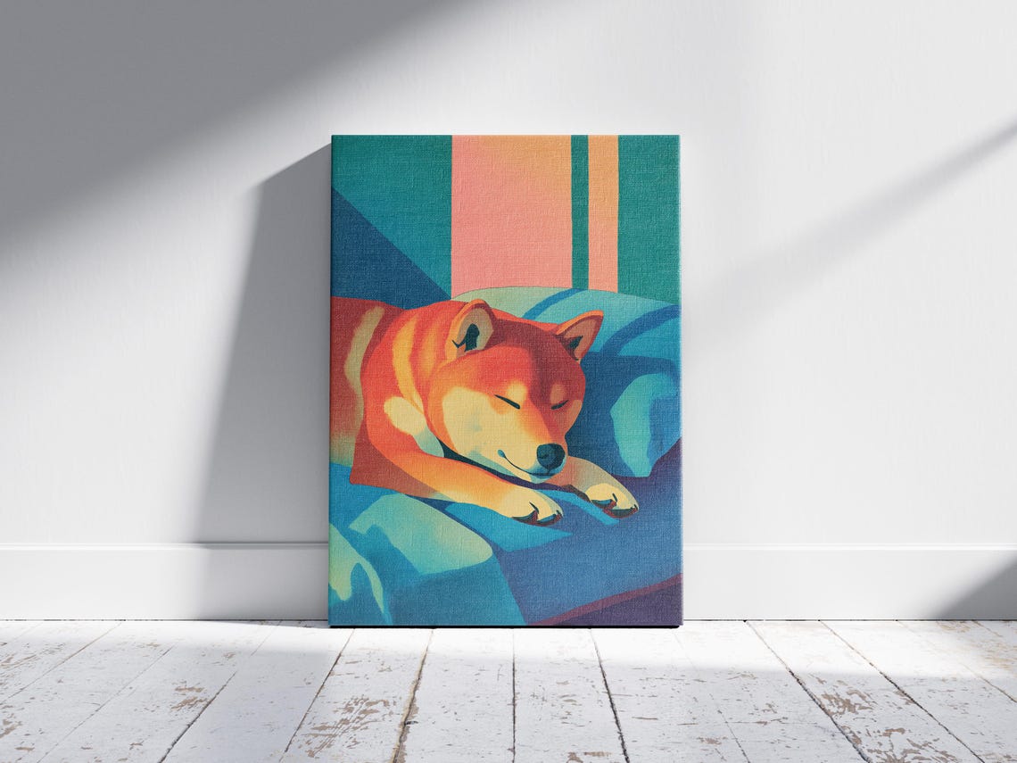 Cozy Shiba Inu Dog Sleeping on Blue Bed Warm Sunlight Poster - Image 2