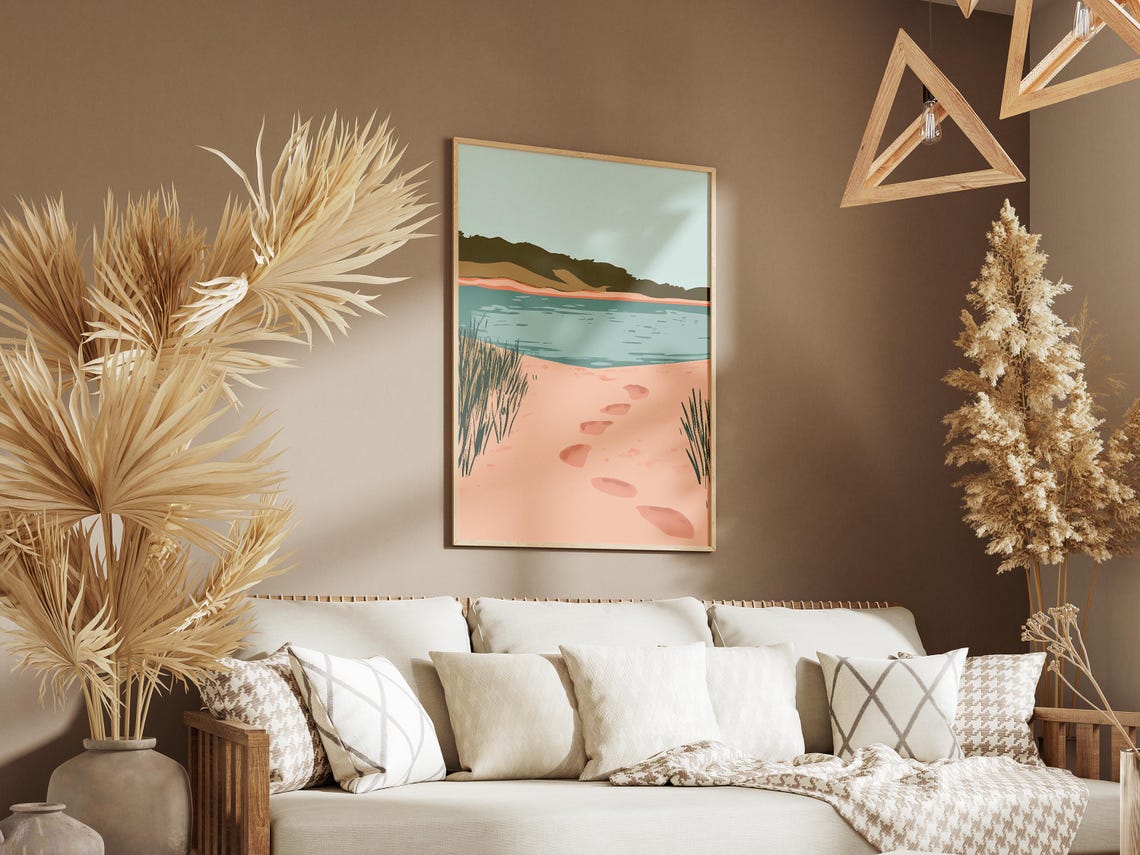 Footsteps On Pink Sand Leading To Calm Blue Lagoon Beach Poster - Image 3