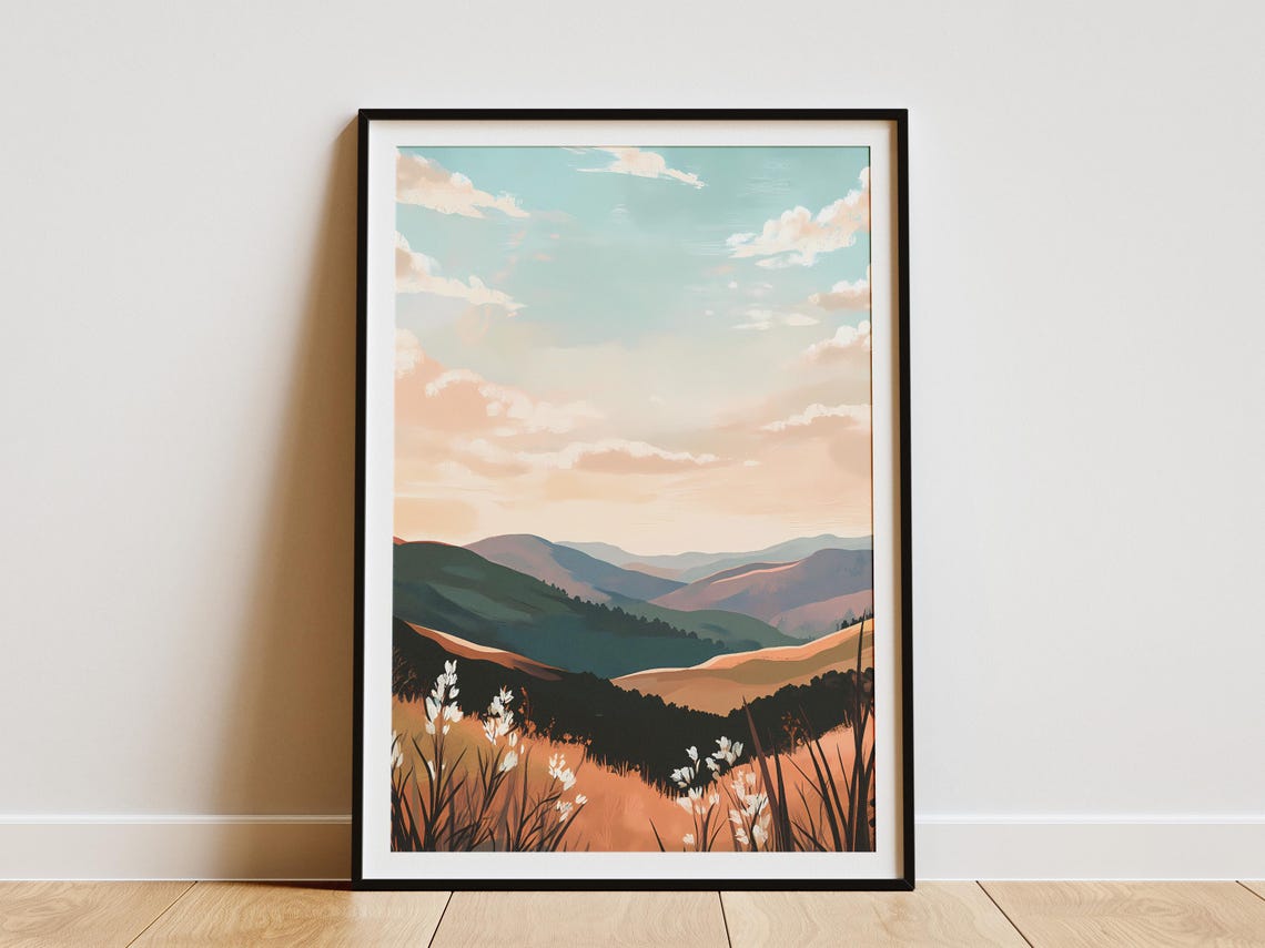 Rolling Sunset Hills with Wildflowers and Layered Peaks Poster