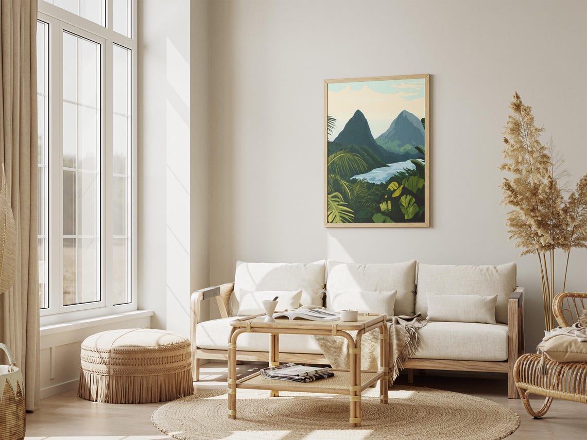 Twin Volcanic Peaks Tropical Lake Jungle Foliage Nature Poster - Image 4