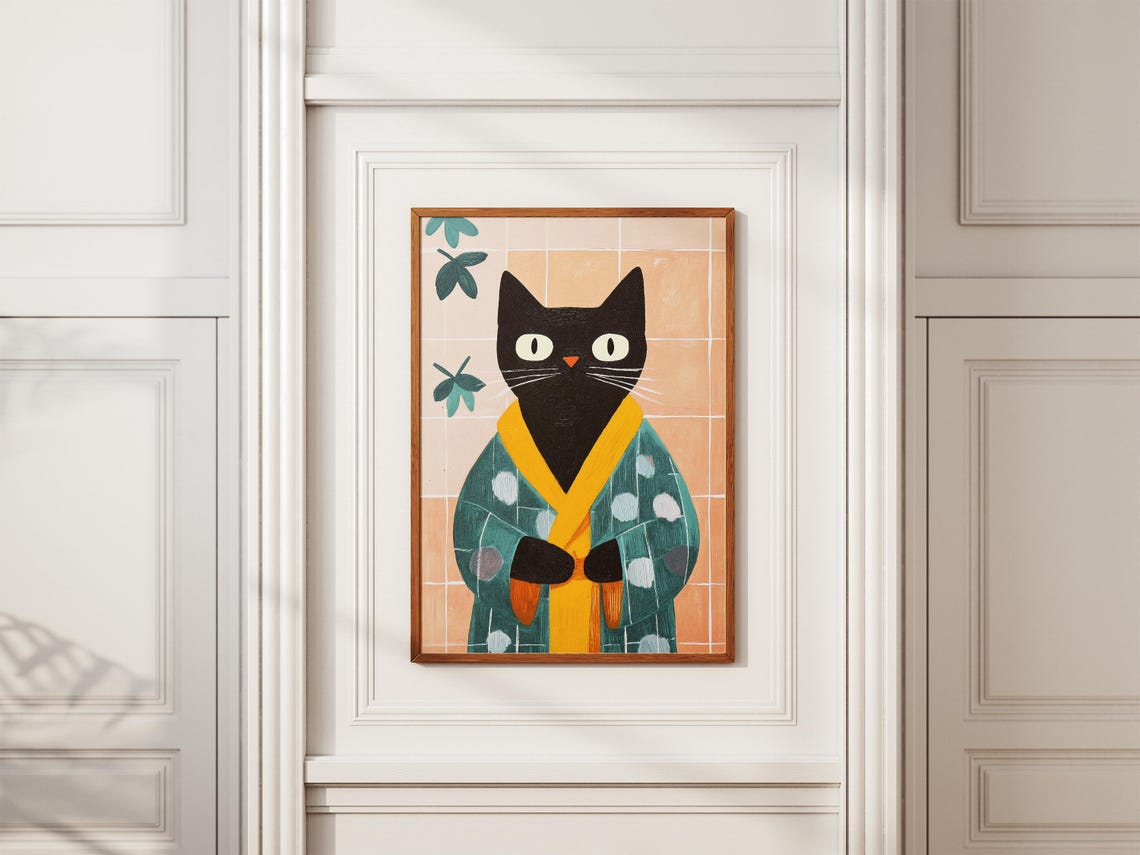 Black Cat Green Kimono Minimalist Folk Style Bathroom Poster - Image 2