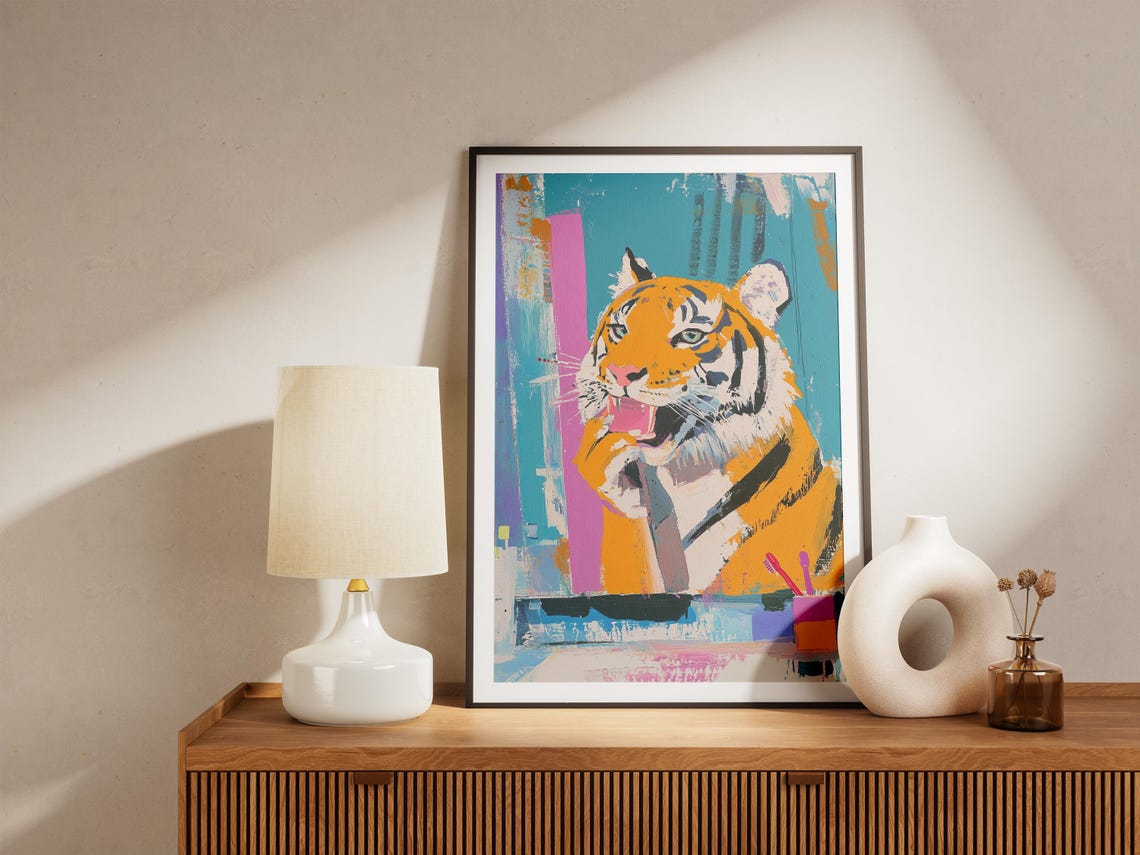 Tiger Brushing Teeth Colorful Abstract Pastel Bathroom Poster - Image 5