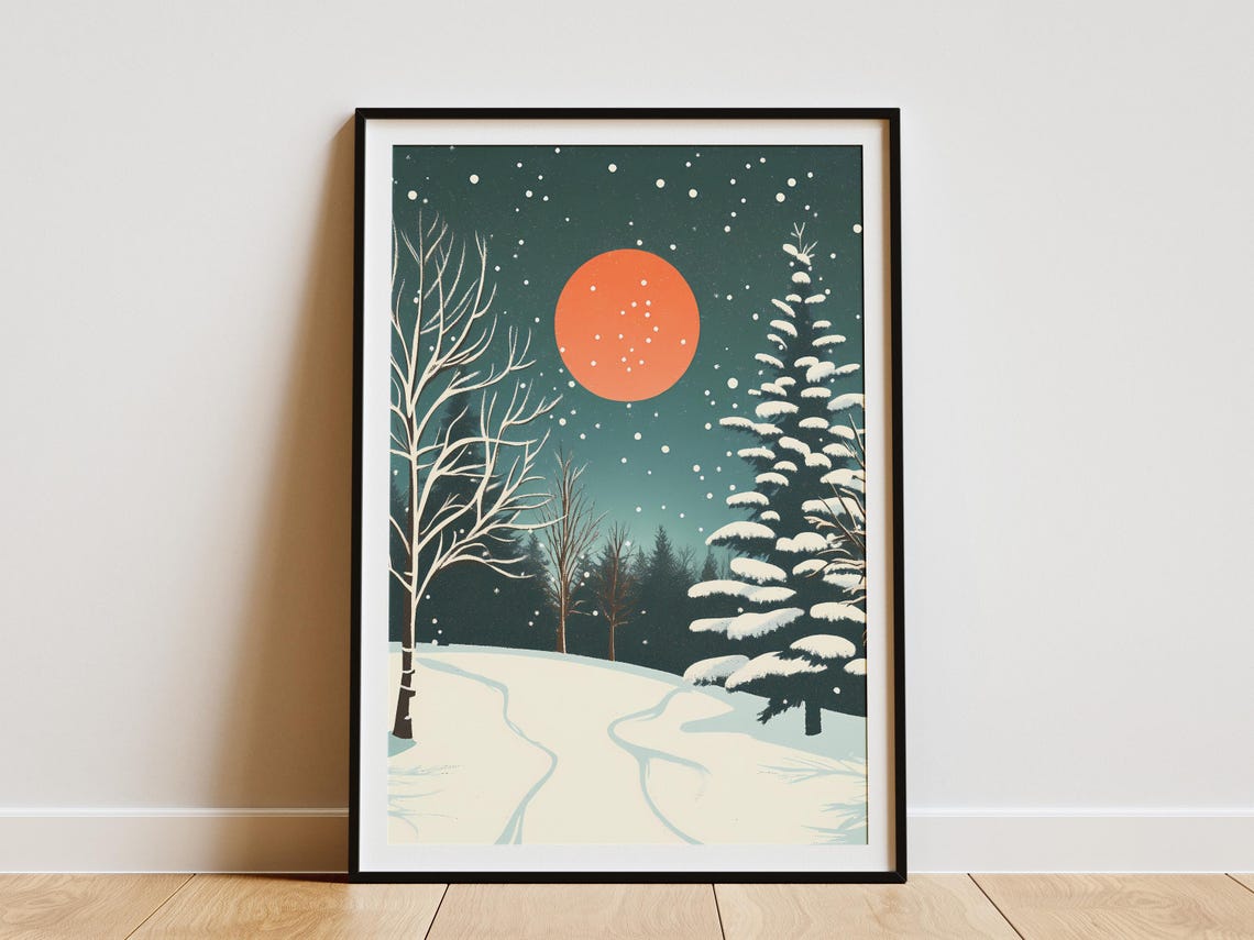 Snowy Winter Forest Under a Red Moon with Falling Snow Poster