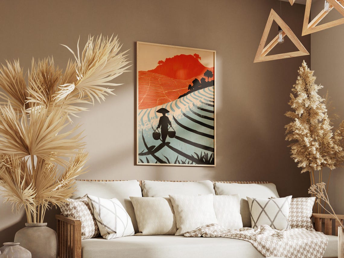 Asian Rice Terrace With Farmer Silhouette at Sunset Abstract Poster - Image 3
