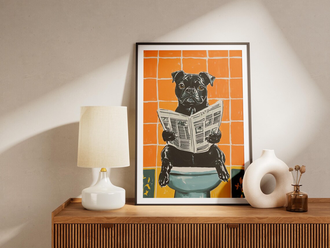 Staffordshire Terrier Reading Newspaper on Toilet Humor Poster - Image 5