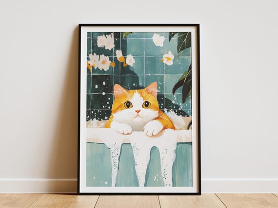Exotic Shorthair Cat Poster In Bathtub Art Print Humorous Feline Wall Decor Cute Animal Illustration Bathroom Lover Gift Pet