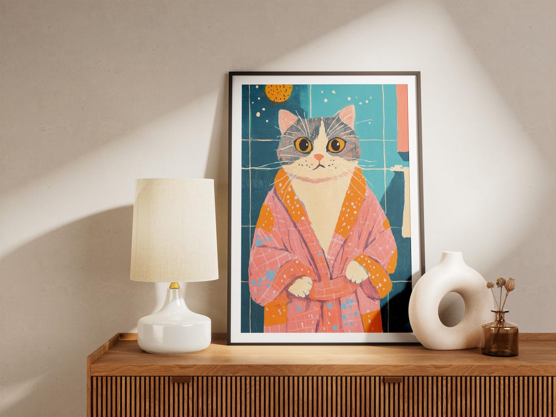 Cute Wide Eyed Tabby Cat Pink Orange Robe Funny Bathroom Poster - Image 4