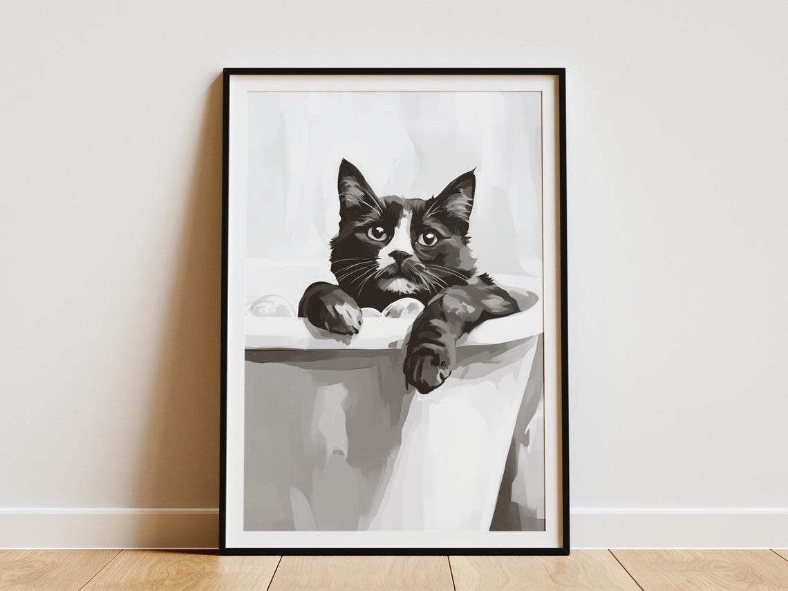 British Shorthair Tuxedo Cat In Bathtub Black White Art Poster