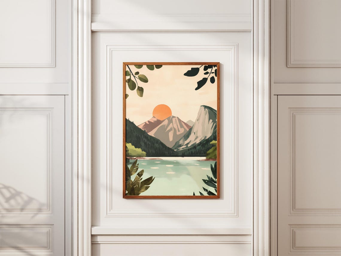Sunset Over Mountain Lake Leafy Branches Landscape Scenic Poster - Image 2