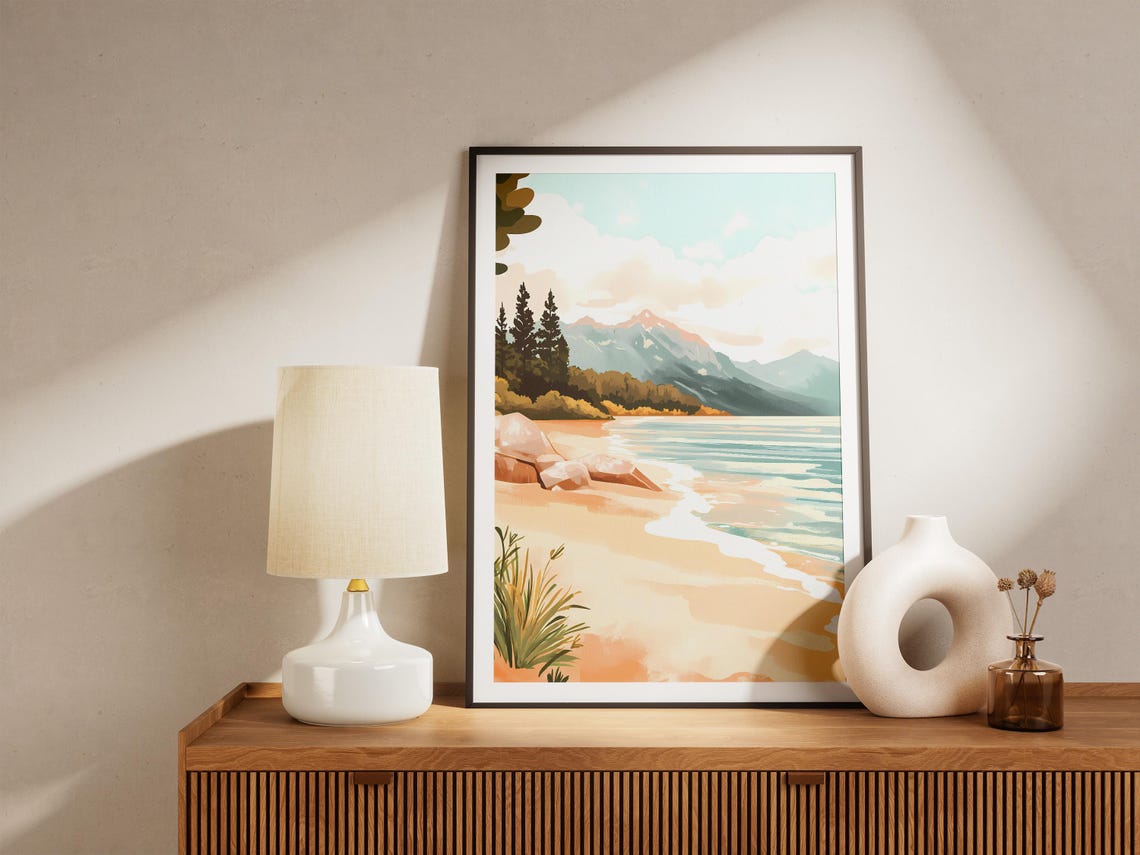 Sandy Beach With Pine Trees Waves And A Distant Mountain Poster - Image 5