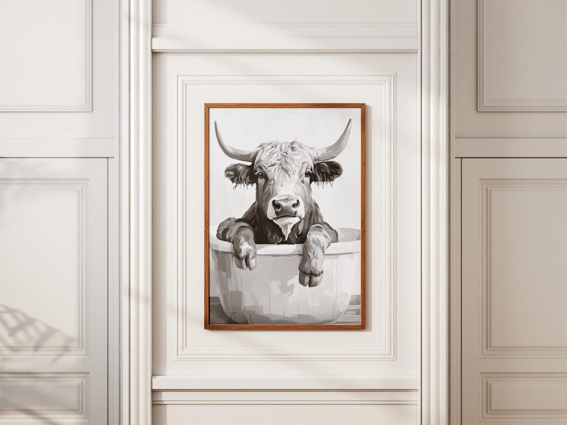 Highland Cow in Bathtub Black and White Funny Bathroom Decor Poster - Image 2