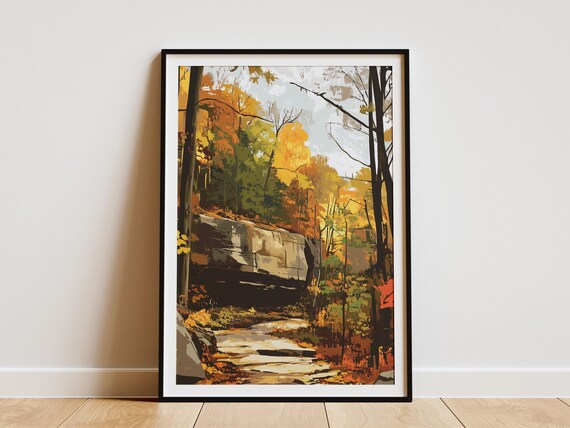 Autumn Forest Trail Fall Foliage Vintage Style Woodland Art Poster