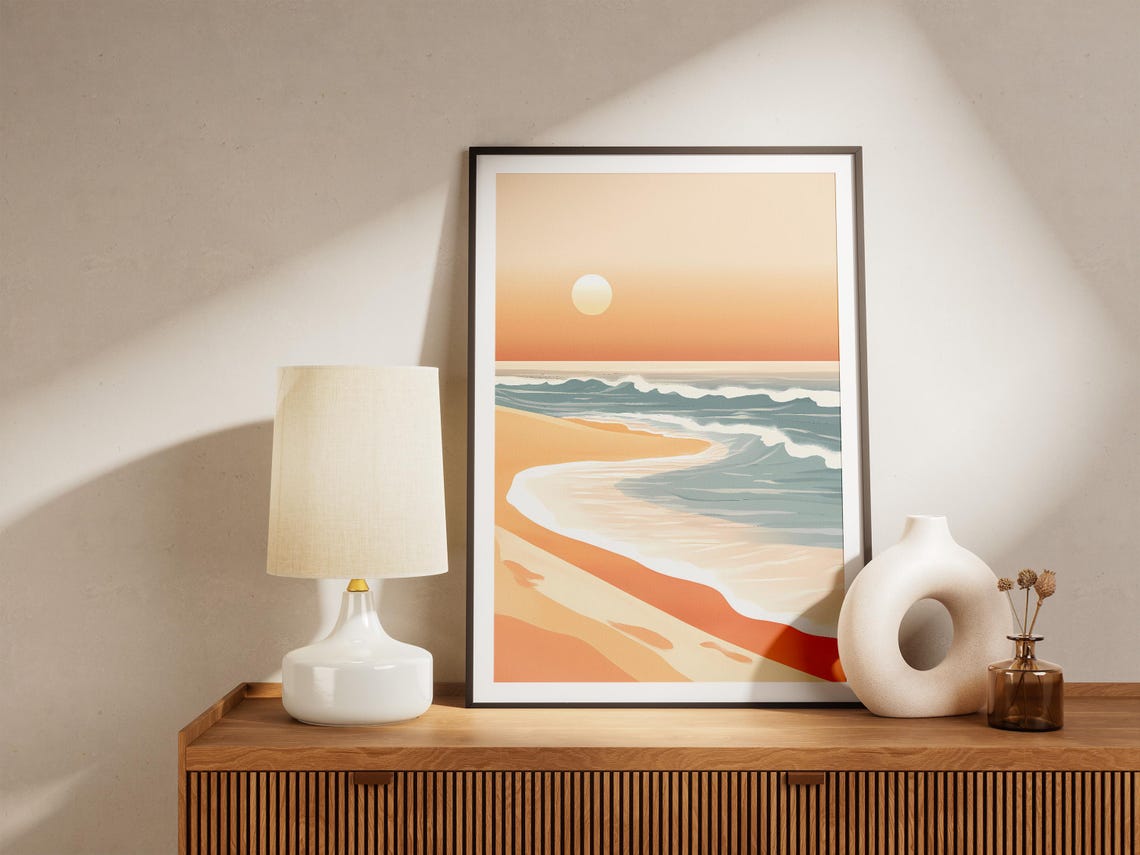 Minimalist Sunrise Beach Orange Sun Ocean Waves Abstract Poster - Image 5