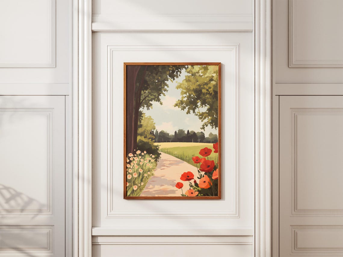Red Poppy Lane Under Leafy Trees Country Garden Path Scene Poster - Image 2