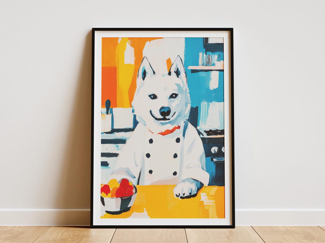 Smiling White Dog Chef In Kitchen With Bowl Of Fresh Fruit Poster