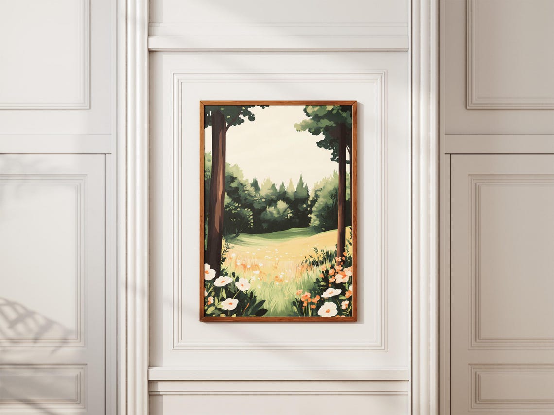 Forest Meadow Between Tree Trunks White Wildflowers Spring Art Poster - Image 2