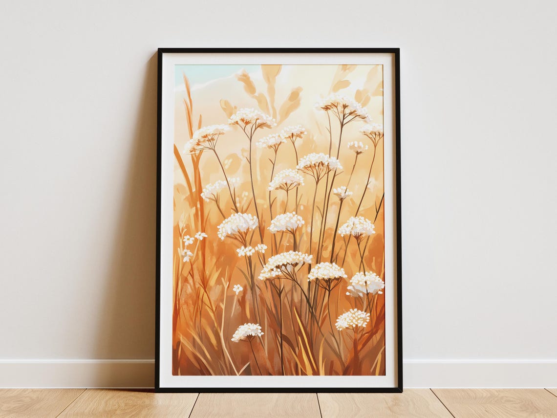 Sunlit Meadow Yarrow White Wildflower Golden Field Art Poster