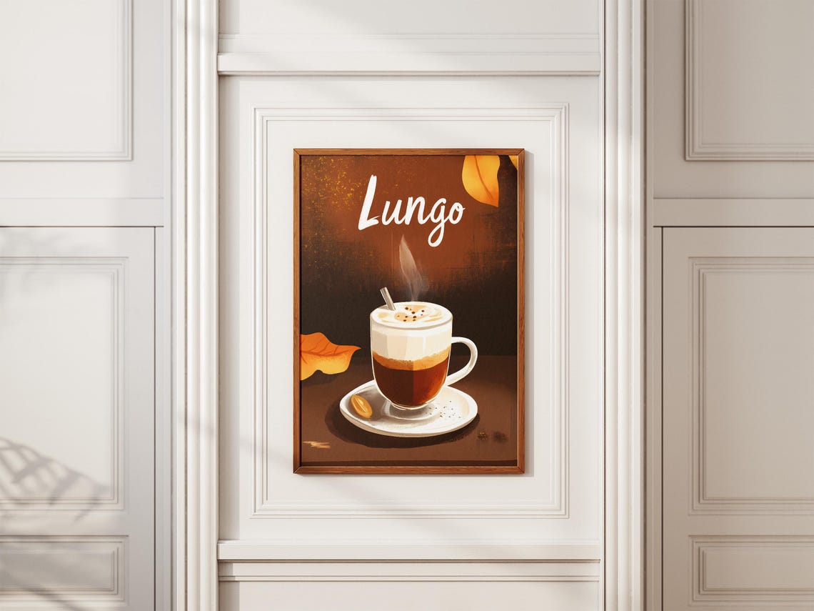 Lungo Coffee Steaming Cup Autumn Leaves Dark Cafe Art Poster - Image 2