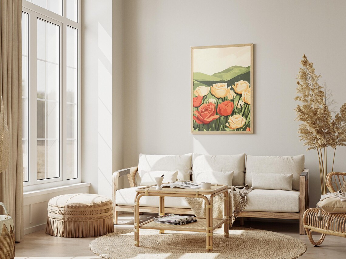Orange And Cream Roses Over Green Hills Floral Artwork Poster - Image 4